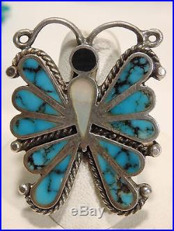 Rare Old ZUNI Nevada TURQUOISE STERLING Silver BUTTERFLY Totem CUFF & RING sz6