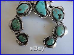 Rare Vintage 1950s Navajo Sterling Silver Turquoise Squash Blossom Necklace Sgnd