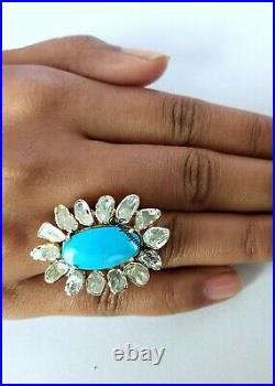 Real Turquoise Gemstone Rose Cut Polki Ring Jewelry 925 Sterling Silver Jewelry