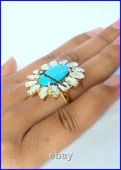 Real Turquoise Gemstone Rose Cut Polki Ring Jewelry 925 Sterling Silver Jewelry