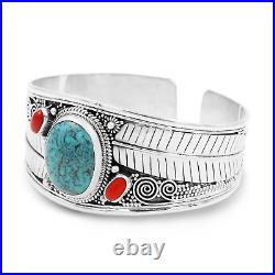 Red Coral Turquoise Bracelet for Women Sterling Silver Boho Western Jewelry