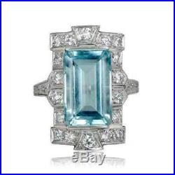 Retro Vintage Engagement Ring Aquamarine Antique 3Ct Diamond 14K White Gold Over
