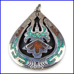 Reversable Silver Pendant Turquoise Coral Chip Inlay Traditional Navajo Design Reversable Silver Pendant Turquoise Coral Chip Inlay Traditional Navajo Design