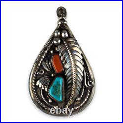 Reversable Silver Pendant Turquoise Coral Chip Inlay Traditional Navajo Design Reversable Silver Pendant Turquoise Coral Chip Inlay Traditional Navajo Design