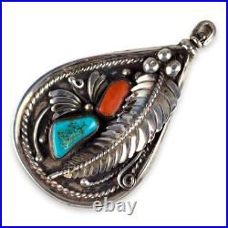Reversable Silver Pendant Turquoise Coral Chip Inlay Traditional Navajo Design Reversable Silver Pendant Turquoise Coral Chip Inlay Traditional Navajo Design