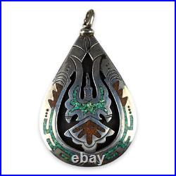 Reversable Silver Pendant Turquoise Coral Chip Inlay Traditional Navajo Design Reversable Silver Pendant Turquoise Coral Chip Inlay Traditional Navajo Design