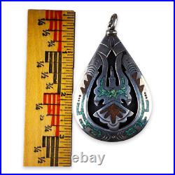 Reversable Silver Pendant Turquoise Coral Chip Inlay Traditional Navajo Design Reversable Silver Pendant Turquoise Coral Chip Inlay Traditional Navajo Design