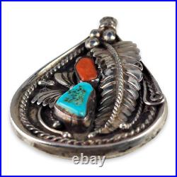 Reversable Silver Pendant Turquoise Coral Chip Inlay Traditional Navajo Design Reversable Silver Pendant Turquoise Coral Chip Inlay Traditional Navajo Design