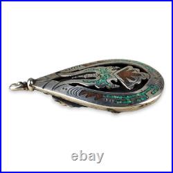 Reversable Silver Pendant Turquoise Coral Chip Inlay Traditional Navajo Design Reversable Silver Pendant Turquoise Coral Chip Inlay Traditional Navajo Design