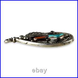 Reversable Silver Pendant Turquoise Coral Chip Inlay Traditional Navajo Design Reversable Silver Pendant Turquoise Coral Chip Inlay Traditional Navajo Design