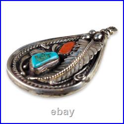 Reversable Silver Pendant Turquoise Coral Chip Inlay Traditional Navajo Design Reversable Silver Pendant Turquoise Coral Chip Inlay Traditional Navajo Design