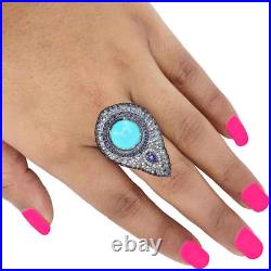 Ring Natural Pave Diamond Turquoise Gemstone 925 Sterling Silver Jewelry MN