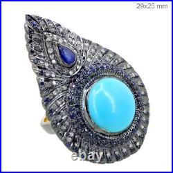 Ring Natural Pave Diamond Turquoise Gemstone 925 Sterling Silver Jewelry MN