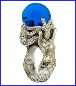 Round Aquamarine ball 925 Silver New Mermaid Wedding Engagement Ring