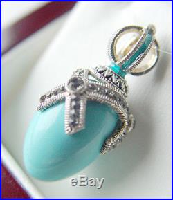 SALE! SUPERB RUSSIAN EGG PENDANT STERLING SILVER 925 ENAMEL withGENUINE TURQUOISE