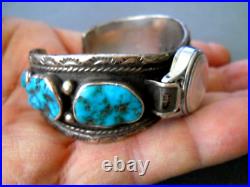 SAMMIE J. Native American Navajo Turquoise Row Sterling Silver Watch Bracelet