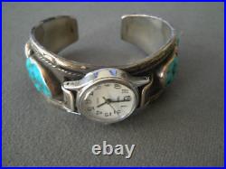 SAMMIE J. Native American Navajo Turquoise Row Sterling Silver Watch Bracelet