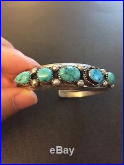 SIGNED E Native American Sterling Silver Turquoise Cuff Bracelet