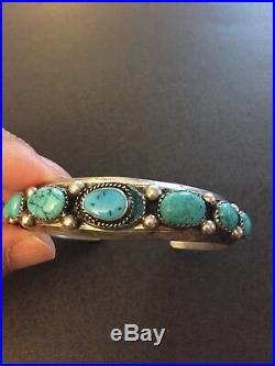 SIGNED E Native American Sterling Silver Turquoise Cuff Bracelet