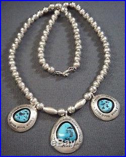 SIGNED Navajo Pawn STERLING SILVER HANDMADE BEAD Necklace With KINGMAN Turquoise