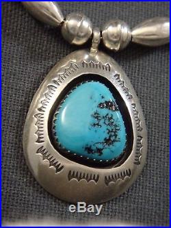 SIGNED Navajo Pawn STERLING SILVER HANDMADE BEAD Necklace With KINGMAN Turquoise