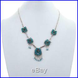 SQUASH BLOSSOM NECKLACE Set ZUNI Turquoise Sterling Silver Needlepoint Earrings