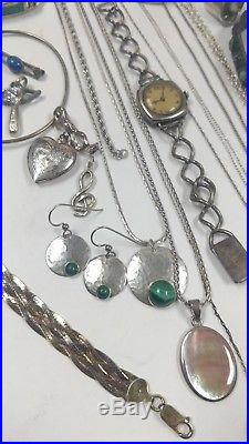 STERLING SILVER 925 JEWELRY LOT 290g RINGS CHAINS VINTAGE TURQUOISE AND MORE
