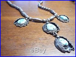 Sterling Silver Native American Kingman Turquoise Squash Blossom Necklace Signed