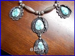 Sterling Silver Native American Kingman Turquoise Squash Blossom Necklace Signed