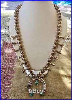 Sterling Silver Turquoise Squash Blossom Navajo Pearls Beads Necklace Naja