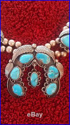 STERLING SILVER TURQUOISE SQUASH BLOSSOM VINTAGE NECKLACE nickel/copper beads
