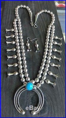 STERLING SILVER ZUNI TURQUOISE SQUASH BLOSSOM NECKLACE SET Signed LFK