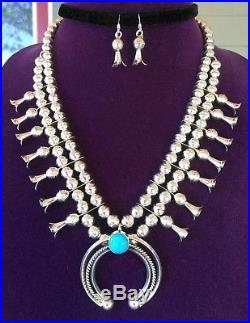 STERLING SILVER ZUNI TURQUOISE SQUASH BLOSSOM NECKLACE SET Signed LFK