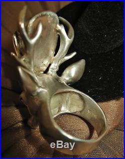 STRIKING NAVAJO TURQUOISE 3D DEER RING, 29 grams Sterling Silver, size 8.5