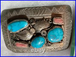 SYLVIA CHEE 70s STERLING SILVER BATTLE MT. TURQUOISE ANGELSKIN CORAL BELT BUCKLE