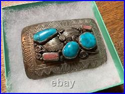 SYLVIA CHEE 70s STERLING SILVER BATTLE MT. TURQUOISE ANGELSKIN CORAL BELT BUCKLE