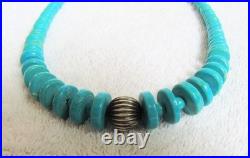 Santo Domingo Indian Turquoise Stone Disc Beads & Sterling Silver Bead Necklace Santo Domingo Indian Turquoise Stone Disc Beads & Sterling Silver Bead Necklace