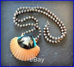 Santo Domingo & Navajo 32 Sterling Silver Turquoise Thunderbird Shell Necklace