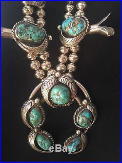 Signed (6.3 Oz) 28 Navajo Turquoise & Sterling Silver Squash Blossom Necklace
