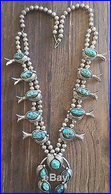 Signed (6.3 Oz) 28 Navajo Turquoise & Sterling Silver Squash Blossom Necklace