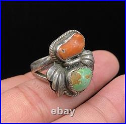 Signed DKL VTG Navajo Native American Sterling Silver. 925 Coral Turquoise Ring