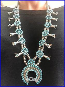 Signed HT Sterling Silver Turquoise Zuni Squash Blossom Necklace 28 Inches