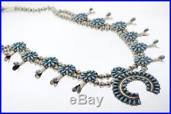 Signed HT Sterling Silver Turquoise Zuni Squash Blossom Necklace 28 Inches