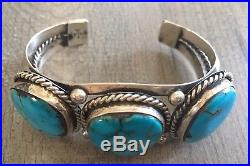 Signed Heavy (2.25 Oz.) Vintage Navajo Turquoise & Sterling Silver Row Cuff