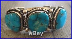 Signed Heavy (2.25 Oz.) Vintage Navajo Turquoise & Sterling Silver Row Cuff