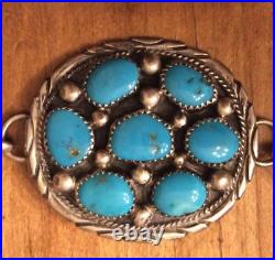 Signed NAVAJO TOMMY MOORE STERLING SILVER & TURQUOISE CONCHO BELT