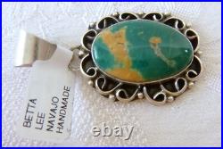 Signed Navajo Betta Lee Green Kingman Turquoise Pendant 925 Sterling Silver
