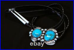 Signed Navajo sterling silver Turquoise Bolo Tie 2-1/2 height