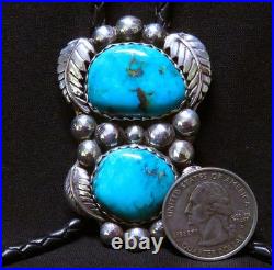 Signed Navajo sterling silver Turquoise Bolo Tie 2-1/2 height