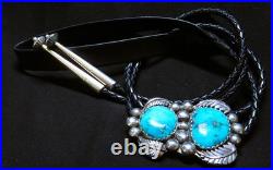 Signed Navajo sterling silver Turquoise Bolo Tie 2-1/2 height
